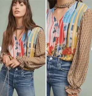 Conditions Apply Retro Peasant Blouse Medium Boho Sheer Floral Stripe